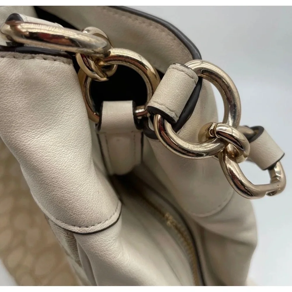 Coach Signature Jacquard Leather Hobo Bag Cream Beige Gold Hardware